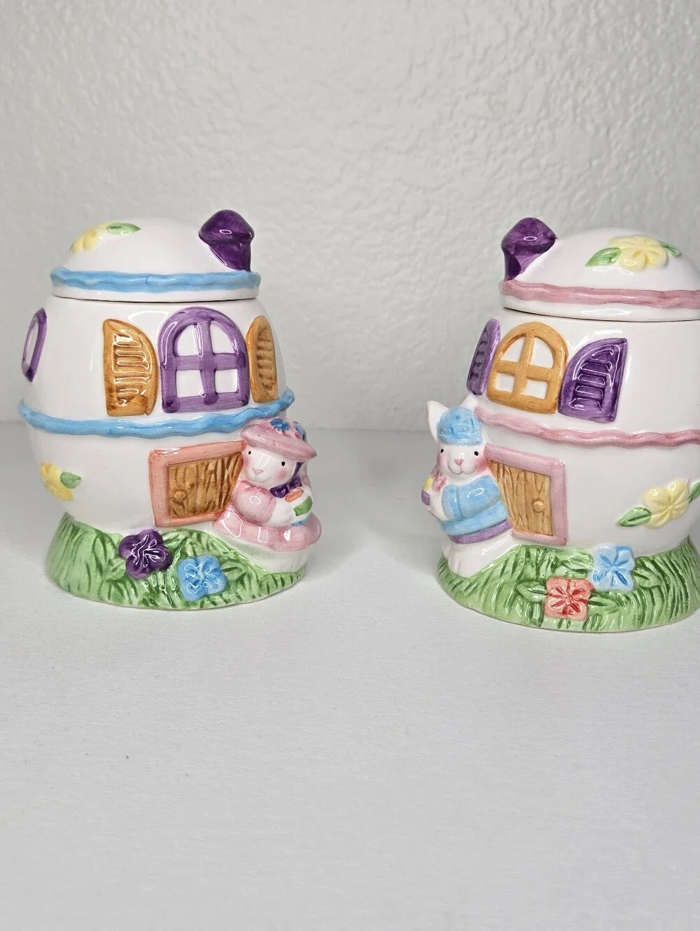 Ceramic Cottage Egg Bunny Girl and Boy Set Easter Candy Jars VTG Whimsical